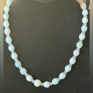 Carved Jadeite Jade sea foam blue green beaded necklace vintage signed Teng Yue
